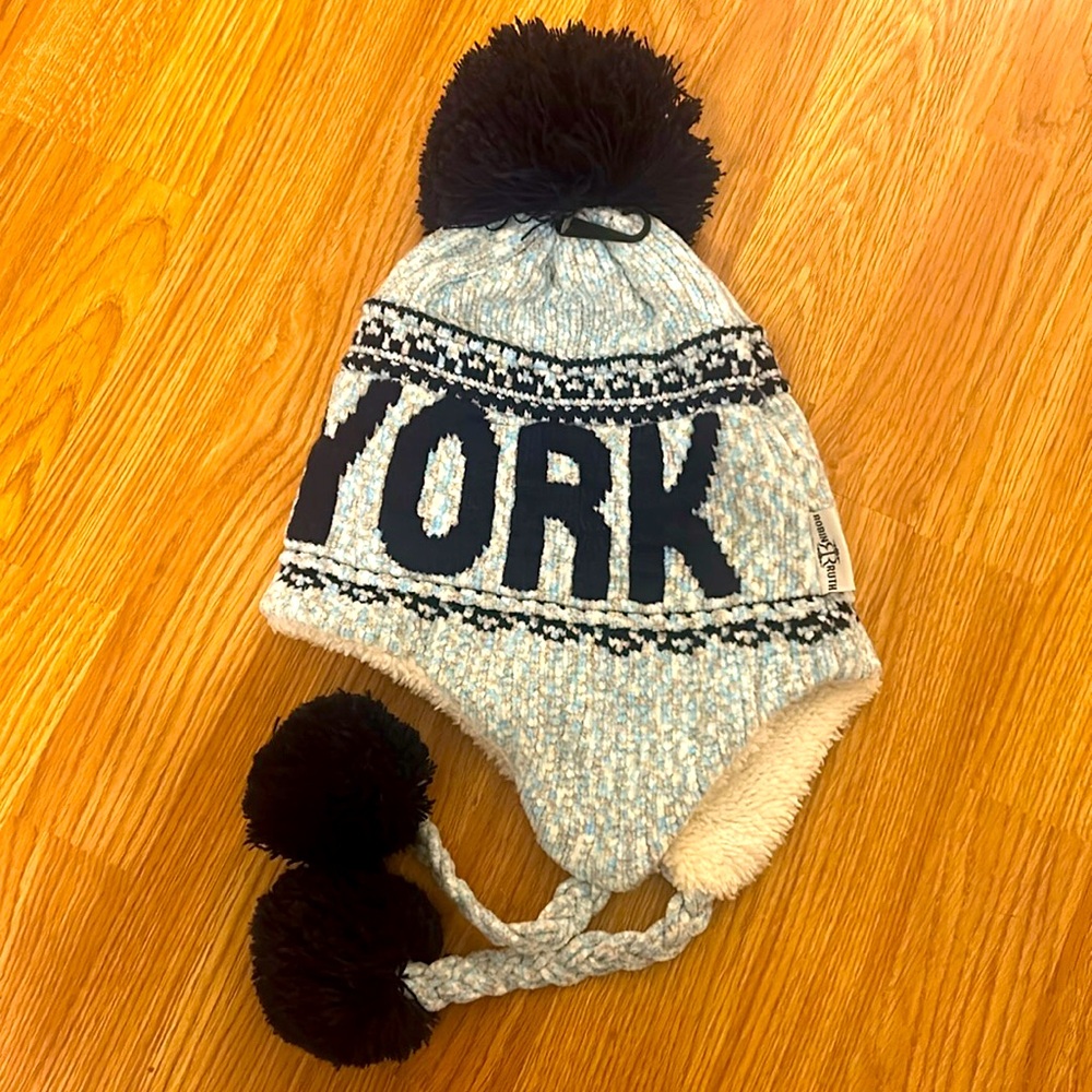 Robin Ruth Blue & White Sherpa Lined New York Pom Toboggan Trapper Hat